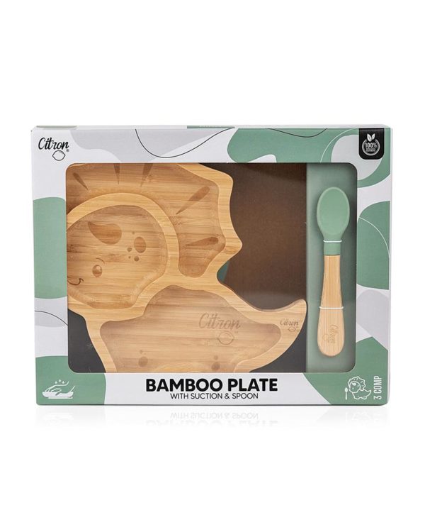 Assiette en Bambou Dino AVEC ventouse et cuillère – Vert